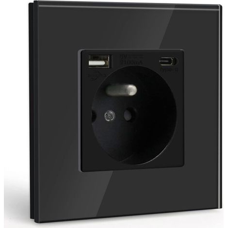 Multiprise Murale Max 2.1A avec USB et 1 Prise avec Type C,16A Prise de Courant Alternatif avec Panneau en Verre,Convient au Smartphone, à la Tablette (Noir) (1/3)