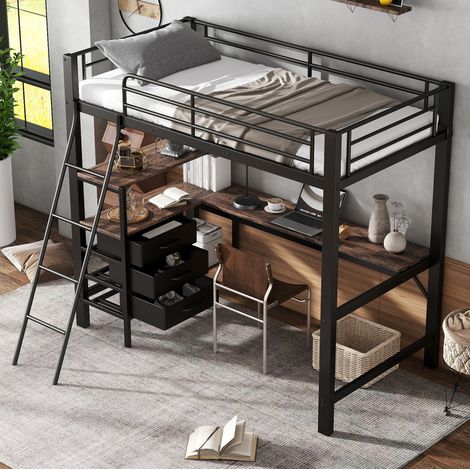 Letto a soppalco per bambini 90x200 cm, con scrivania 200 cm e 3 cassetti, in metallo, nero, senza materasso (1/5)