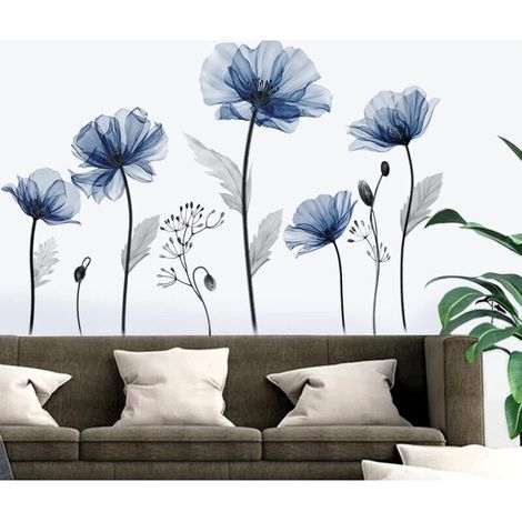 1 Set blaue Blumen-Wandaufkleber, große Wandtattoos, blaue Mohnblumen, Pflanzen-Wanddekoration für Wohnzimmer, Schlafzimmer (1/5)