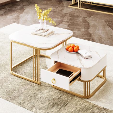 Set di 2 tavolini da salotto annidati, piano in vetro effetto marmo, struttura in metallo, 1 cassetto, MDF bianco (1/5)
