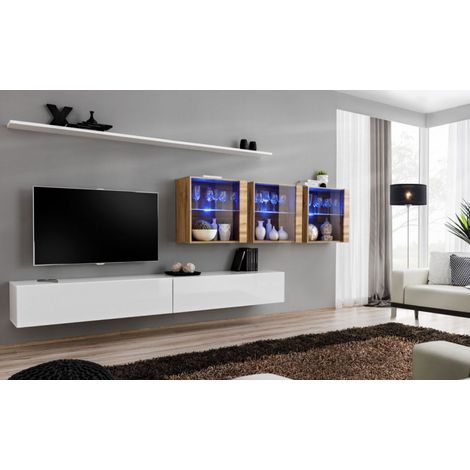 Ensemble mural - Switch XVII - 3 vitrines LED - 2 banc TV - 2 étagères - Bois et blanc - Modèle 2 - Livraison gratuite