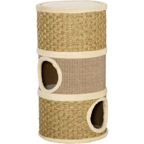 Arbre à chat - Grattoir tonneau 3 niveaux - Revêtement sisal et peluche - Structure compacte 37x37x70 cm (1/5)