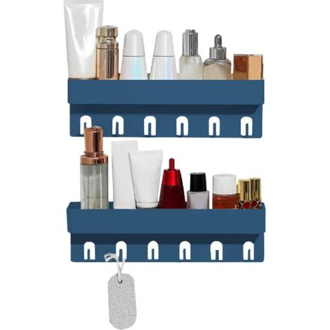 2 Etagère Panier Douche en Plastique,Étagère de Douche Sans Perçage, Organisateur de Salle de Bain Avec Panier de Rangement à 6 Crochets pour Salle de Douche (Bleu) (1/5)