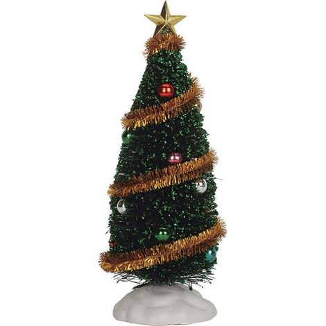 Albero di Natale con palline, festoni e puntale, accessorio per villaggio di Natale in poliestere