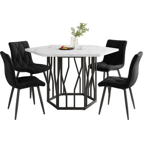 Set Tavolo e Sedie 115,5x100x75 cm, 5 pezzi, Tavolo da Pranzo, 4 Sedie Velluto Sagomate, Nero e Bianco, per Cucina (1/5)