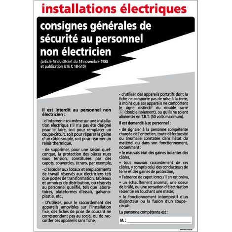 Panneau CONSIGNES DES INSTALLATIONS ÉLECTRIQUES à compléter – Adhésif – 210 x 300 mm