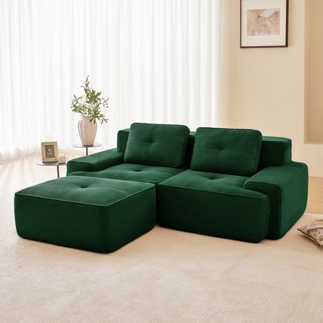 Canapé d'angle 2 places modulaire en Velours côtelé avec 1 pouf,Sans cadre,32D Élastique,Sièges extra profonds,204x177x69cm,Vert
