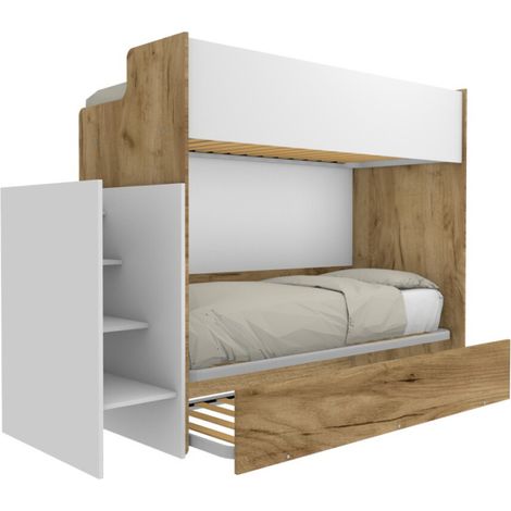 Letto a castello minimalista con terzo letto estraibile - Quercia e Bianco