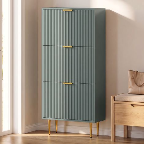 Meuble à Chaussures 18 Paires, Armoire à Chaussures avec 3 Tiroirs, Façades Cannelées et Étagères Réglables, Vert Foncé (1/5)