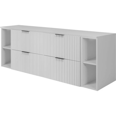 Furnidea - Meuble sous vasque FLOW BLANC 160 cm avec 2 x l'étagères - extensions et plan - 4 tiroirs - façades rainurées (1/5)