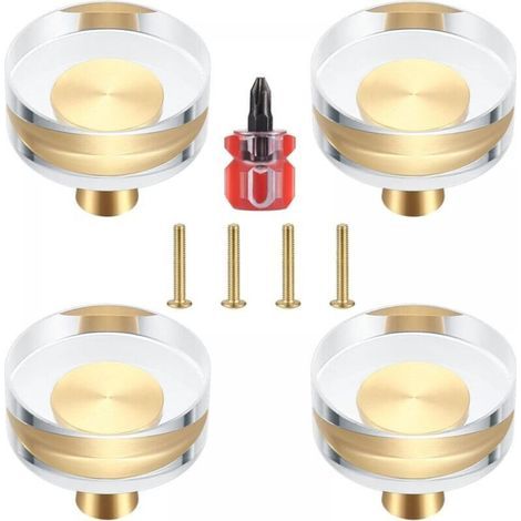 BUNTHAUS Lot de 4 Boutons de Porte en Cristal Transparent et Laiton pour Armoires, Tiroirs, Placards et Meubles - 30x27 mm
