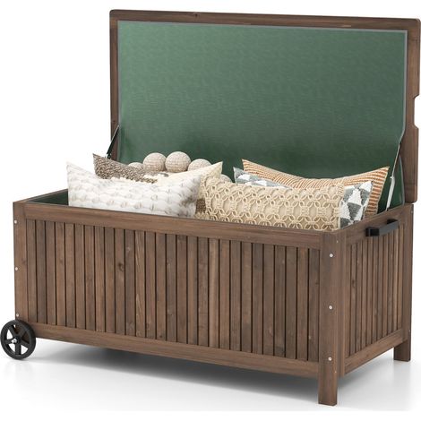 Cassapanca da giardino in legno 114 x 58,5 x 51 cm con rivestimento impermeabile e ruote design contemporaneo in legno di abete marrone 200020010