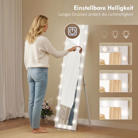 Miroir Pleine Longueur 150x40 cm avec 24 Ampoules LED 3 Températures Lumière, Autoportant ou Inclinable Blanc (1/5)