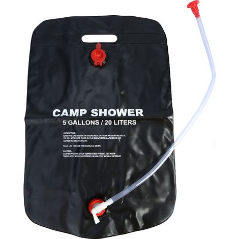 Douche solaire portable de 20 litres (5 gallons) avec sac de douche pour le camping, les voyages et la randonnée en plein air.