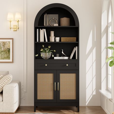Vitrine incurvée moderne aspect bois‑noir 70×40×170 cm, portes rotin, tiroir et compartiments de rangement pour salon‑entrée (1/5)