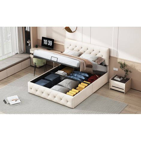 Lit coffre hydraulique 160x200 cm, lit double capitonné avec sommier à lattes, tête de lit réglable en hauteur, velours beige style moderne (1/5)