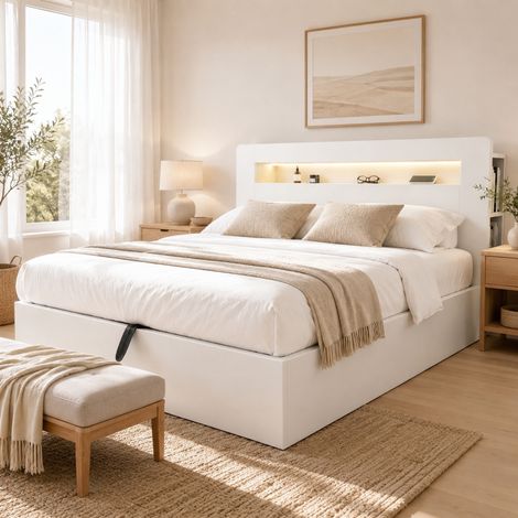 Cama moderna de madera 180x200 cm blanca con arcón hidráulico, cabecero con estantes, LED y enchufes (1/5)