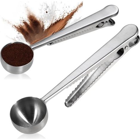 cucchiai dosatori in acciaio inox con clip, per caffè in polvere, tè ed erbe aromatiche, clip per chiudere i sacchetti, lavabili in lavastoviglie (argento, 20 ml) (1/5)