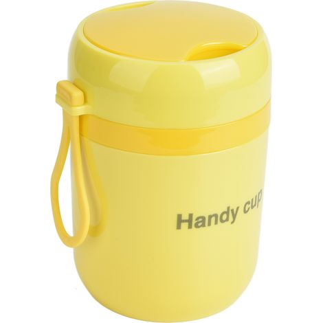 Boîte à soupe isotherme 500 ml, double compartiment anti-brûlure, avec cuillère pliable, jaune fluo, idéale pour le bureau et l'école. (1/5)