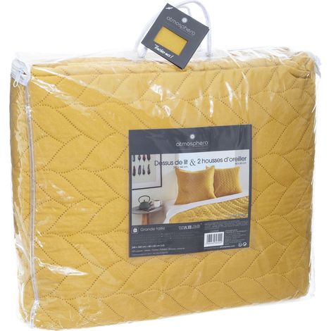 Atmosphera – Dessus de lit tressé en polyester 240x260 cm – 2 taies d'oreiller 60x60 cm – Couleur ocre pour lit double – Confort et élégance