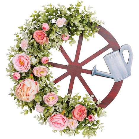 Couronne florale artificielle de printemps avec signe de bienvenue, 18x19,6 pouces, réaliste pour usage intérieur et extérieur (1/4)