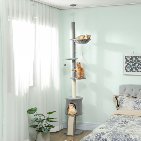 Árbol para Gatos de Piso a Techo Altura Ajustable 220-240cm con Hamaca Plataformas en Flor Cuevas Rampa Bola Gris Claro (1/5)