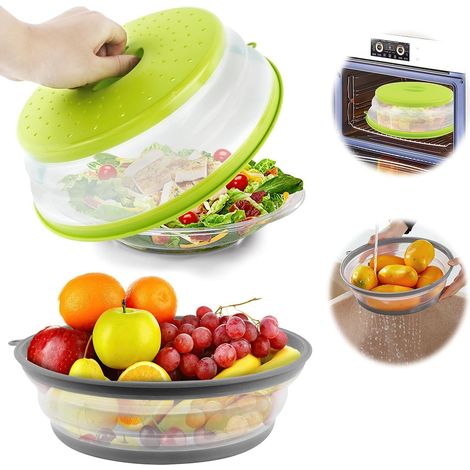 Cloche Micro Ondes Couvercle Micro-Onde Retractable 2pcs 26.5cm Couvercle Cloche Alimentaire Pliable pour Micro Onde, Fruits, Légumes (Gris, Vert) (1/5)