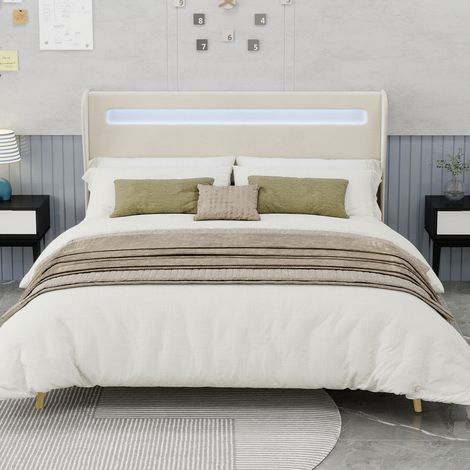 Lit rembourré moderne tête de lit LED beige 160x200 cm base basse sans rangement
