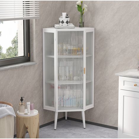 Mobile angolare da pavimento 110 cm in metallo e vetro temperato bianco OKWISH (1/5)
