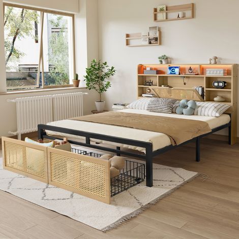 Wooden bed, With charging port and LED strip light, 4ft6 double bed 135×190cm, Storage compartments in the headboard, PE rattan-style drawer with wheels, MDF+Iron, Wood colour