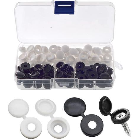 80 Pièces Bouchon à Vis en Plastique, Cache Vis à Charnière pour les Vis Nombre 6/8, avec Boîte de Rangement, Couvercles à Bouton-Pression à Vis pour Meubles, Placards, Étagères, Blanc/Noir (1/5)