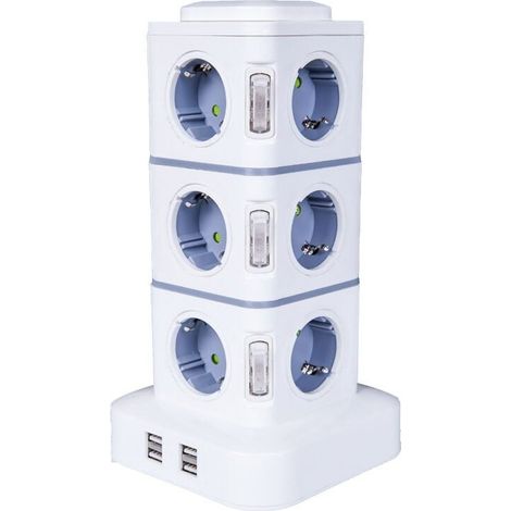 Tour Multiprise, 12 Prises Multiprise Electrique (2500W / 10A) avec 4 Ports USB, Multi Prises électriques Parafoudre Multiprise Verticale pour Maison Bureau, Rallonge 3M (1/4)