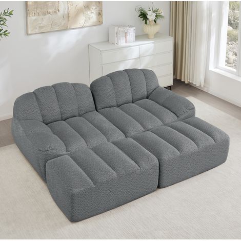 Canapé modular 2 plazas de tejido fleece granulado gris con 2 otomanas, sin estructura y configuración flexible (1/5)