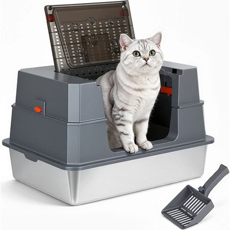 TolleTour Caja de arena XXL de acero inoxidable 70 x 50 x 43 cm con tapa cerrada para gatos grandes gris negro (1/5)
