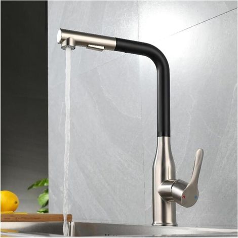 Robinet de cuisine en acier inoxydable noir/gris, eau chaude et froide, douchette extractible, levier unique (1/2)