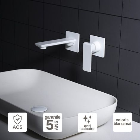 Robinet Mitigeur Lavabo Encastré Salle de Bain blanc mat – Anti-Calcaire – Design moderne - FIYI IMEX (1/5)