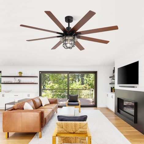 Ventilateur plafond industriel 168 cm – Moteur DC silencieux, lumière E27 verre métal dimmable 3000K, mémoire, minuterie 1/4/8 h, 6 vitesses – Noir (1/5)