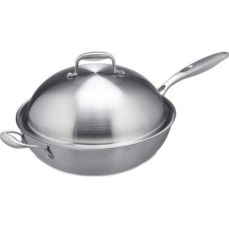 Wok avec couvercle acier inoxydable forme arrondie 30 x 30 x 10 cm idéal pour plats sautés en acier inoxydable argenté (1/5)