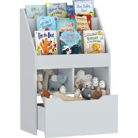 Mehrfach-Bücherregal mit 3 Regalböden, 2 Nischen und einer großen Holzschublade in Grau. (1/5)