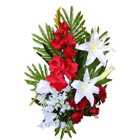 Vase de Fleurs Artificielles Cimetière, Saints, Anniversaires Debout Rouge et Blanc à Mettre Directement dans l'Évidement 74 cm Hauteur x 53 cm Largeur x 20 cm Profondeur (1/2)