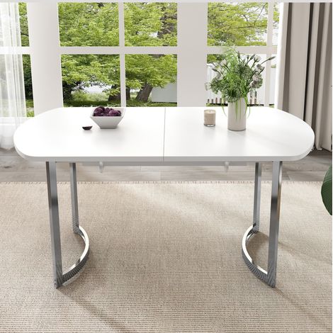 Tavolo da pranzo allungabile 140/180x80 cm bianco in MDF con gambe argentate, stile moderno, per 4-6 persone (1/5)