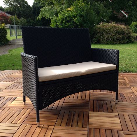 Banco de jardín Banco para sentar Poly ratán Negro con tapicería Beige Banco para sentar ratán Cubierta de asiento exterior terraza