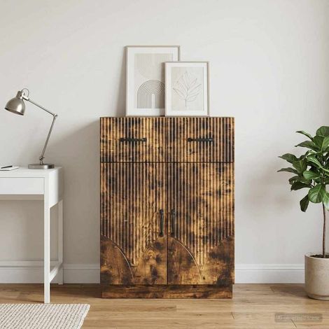 Buffet meuble de rangement 1 tiroir 2 portes en bois d’ingénierie chêne fumé 66 x 34,5 x 87 cm - PANGIVO (1/5)