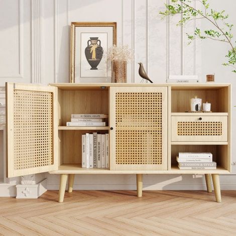Mueble almacenaje 120x40x80cm 1 cajón 2 puertas magnéticas ratán estantes ajustables madera roble (1/5)