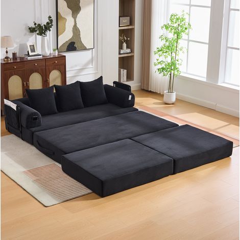 Modulares Sofa 200x190x67 cm Schwarz Cord mit Hocker, Metallrahmen und Seitentasche (1/5)