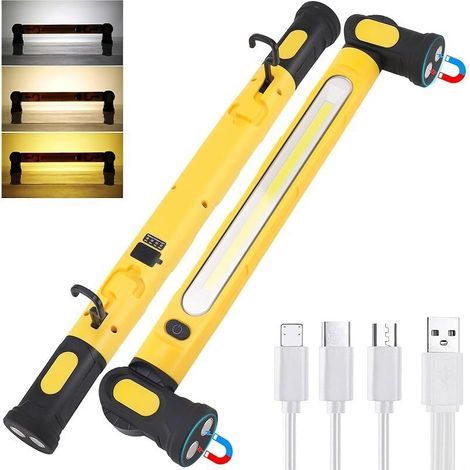 Lampe Mecanicien Baladeuse LED Rechargeable Atelier Travail Mecanique Auto Capot Voiture 5000mAh Portable COB Lumiere Rampe avec Crochets et Base Magnétique pour Réparation, Garage, Atelier[Jaune] (1/5)