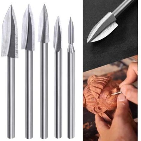 Set di punte per intaglio del legno per utensili rotanti, 5 punte per intaglio del legno con gambo da 1/8 di pollice per fai da te, lavorazione del legno, incisione, intaglio, foratura e levigatura (1/4)