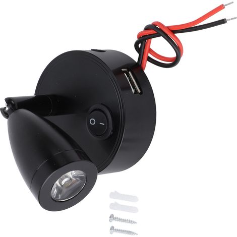 Lampada da lettura per camper con interruttore a pulsante, faretto orientabile a 350° con porta USB per barche, yacht, camper, 4000K DC10-30V, nera. (1/5)