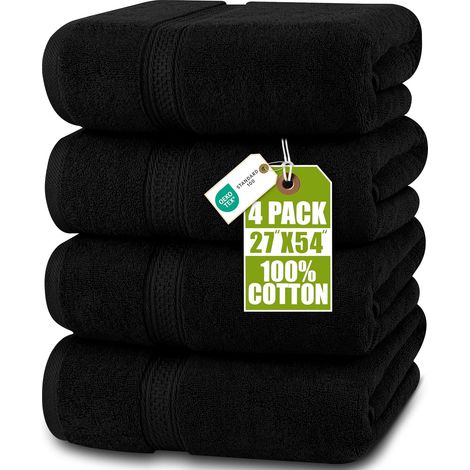 Lot de 4 Serviettes de Bain (69x137 cm) - 100% Coton filé à l'anneau, séchage Rapide, très absorbantes, Douces au Toucher, parfaites pour Un Usage Quotidien - Noir (1/5)