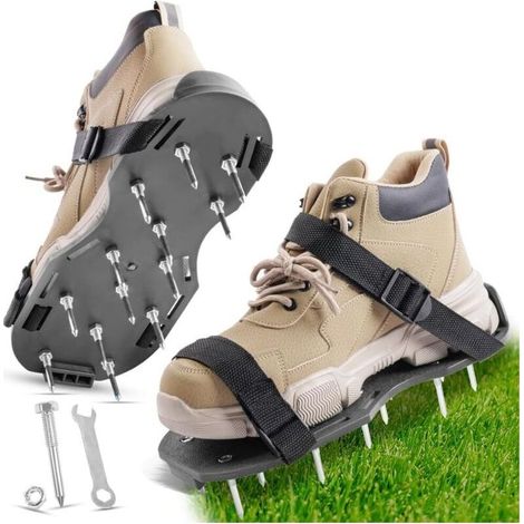 Aérateur Pelouse, 1 Paire 42mm Aérateur de Pelouse avec 28 Clous et Clé, Chaussure à Gazon Ajustable, Amélioration de la qualité du Sol, pour Aerateur Gazon (Noir) (1/5)